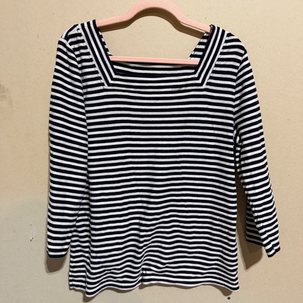 Talbots Navy Blue White Striped Square Neck 3/4 Sleeve Ribbed Top Large